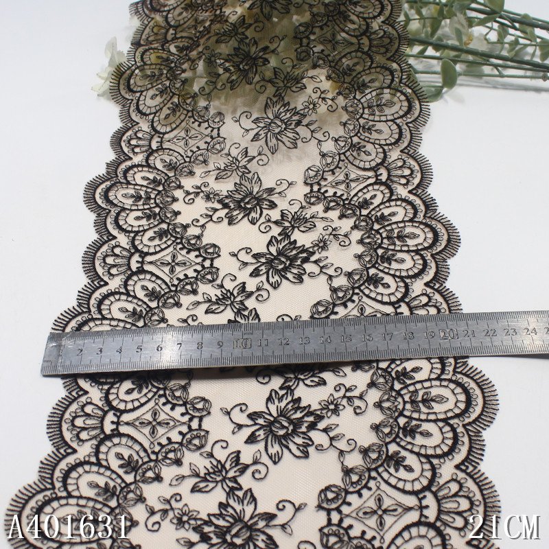 Elegant 21CM Black Tulle Flower net Embroidery border Lace Voile floral embroidered Lace Trim Fabric For Women lingerie Dress