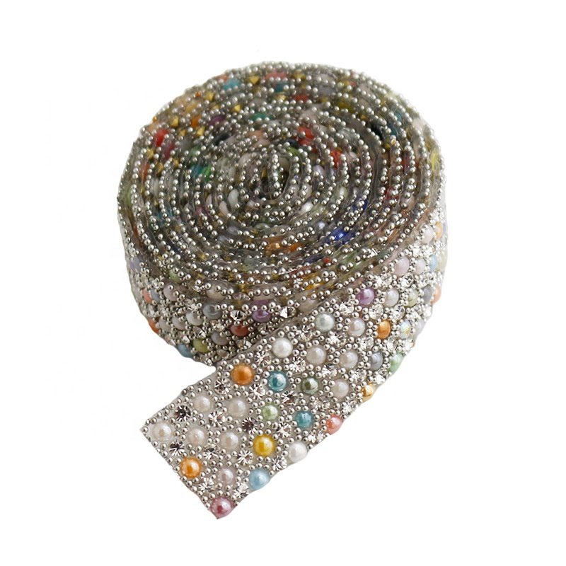 Wholesale rhinestone beaded pearl lace trim iron on for dresses