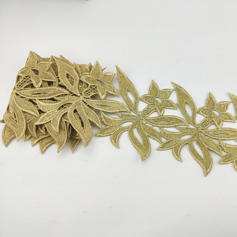 Promotion Cheap Wholesale embroidery flower golden guipure lace trimmings fabric for indian bridal wedding evening dress