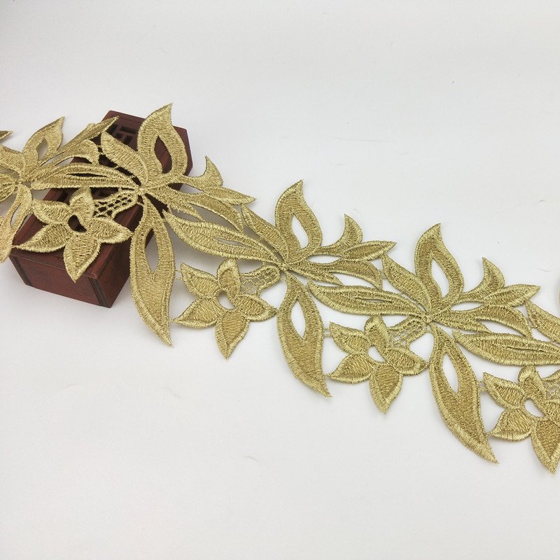Promotion Cheap Wholesale embroidery flower golden guipure lace trimmings fabric for indian bridal wedding evening dress