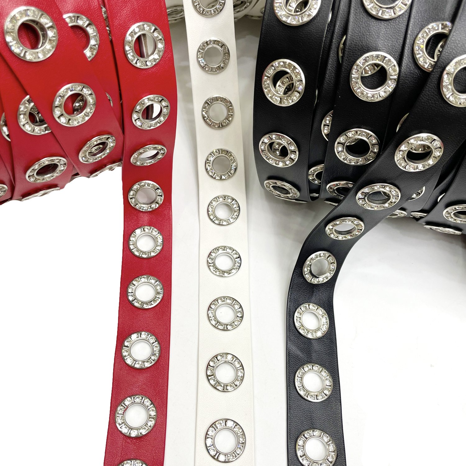tr002 Custom PU leather lace tape rhinestone eyelet leather trim for decoration