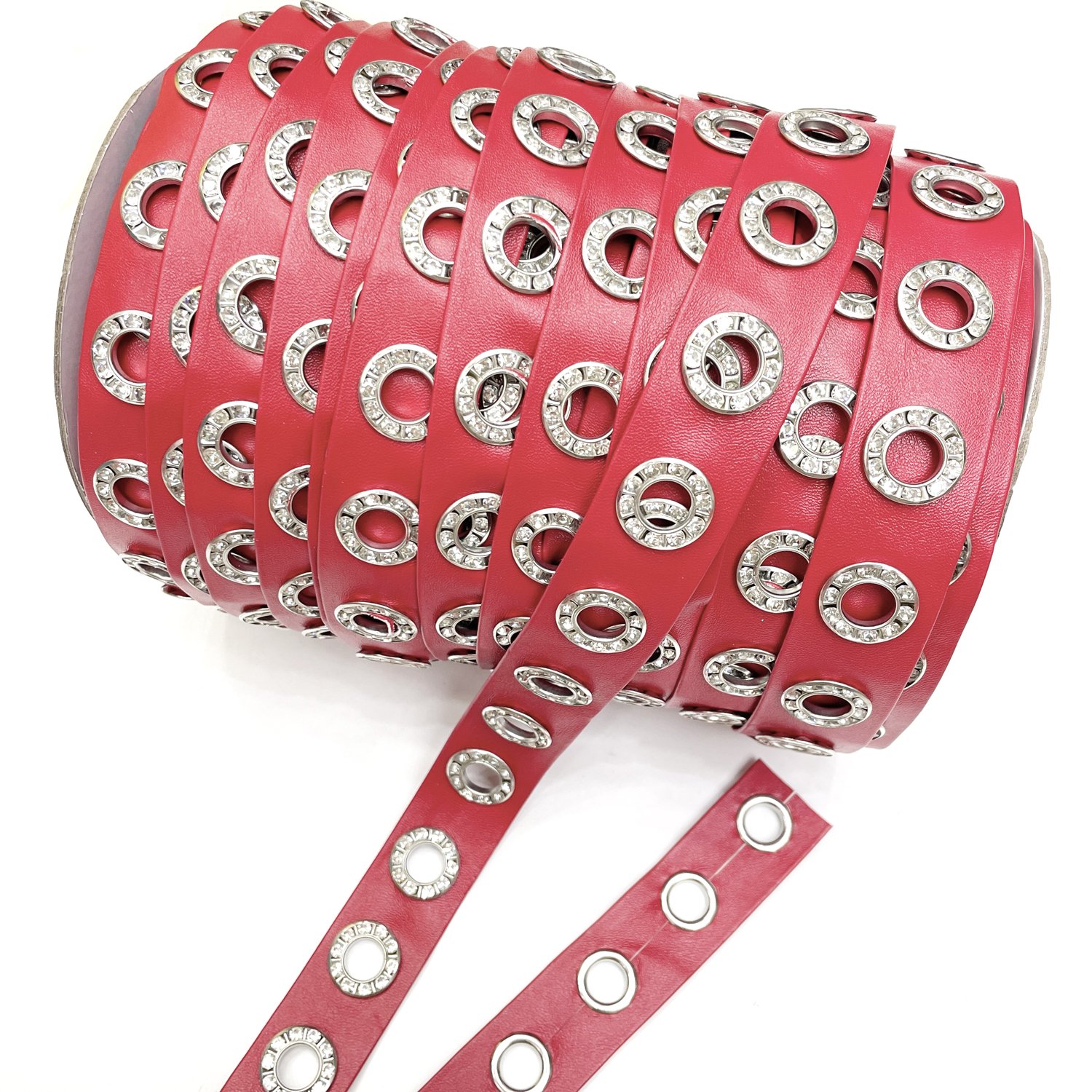 tr002 Custom PU leather lace tape rhinestone eyelet leather trim for decoration