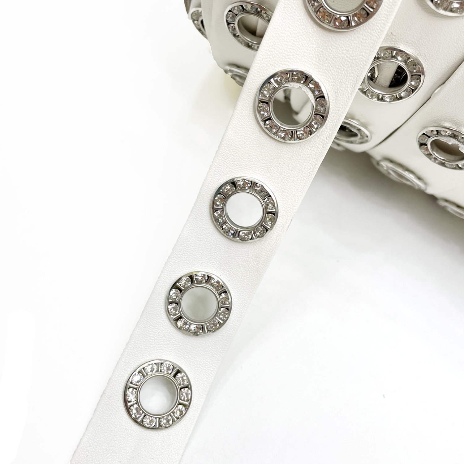 tr002 Custom PU leather lace tape rhinestone eyelet leather trim for decoration
