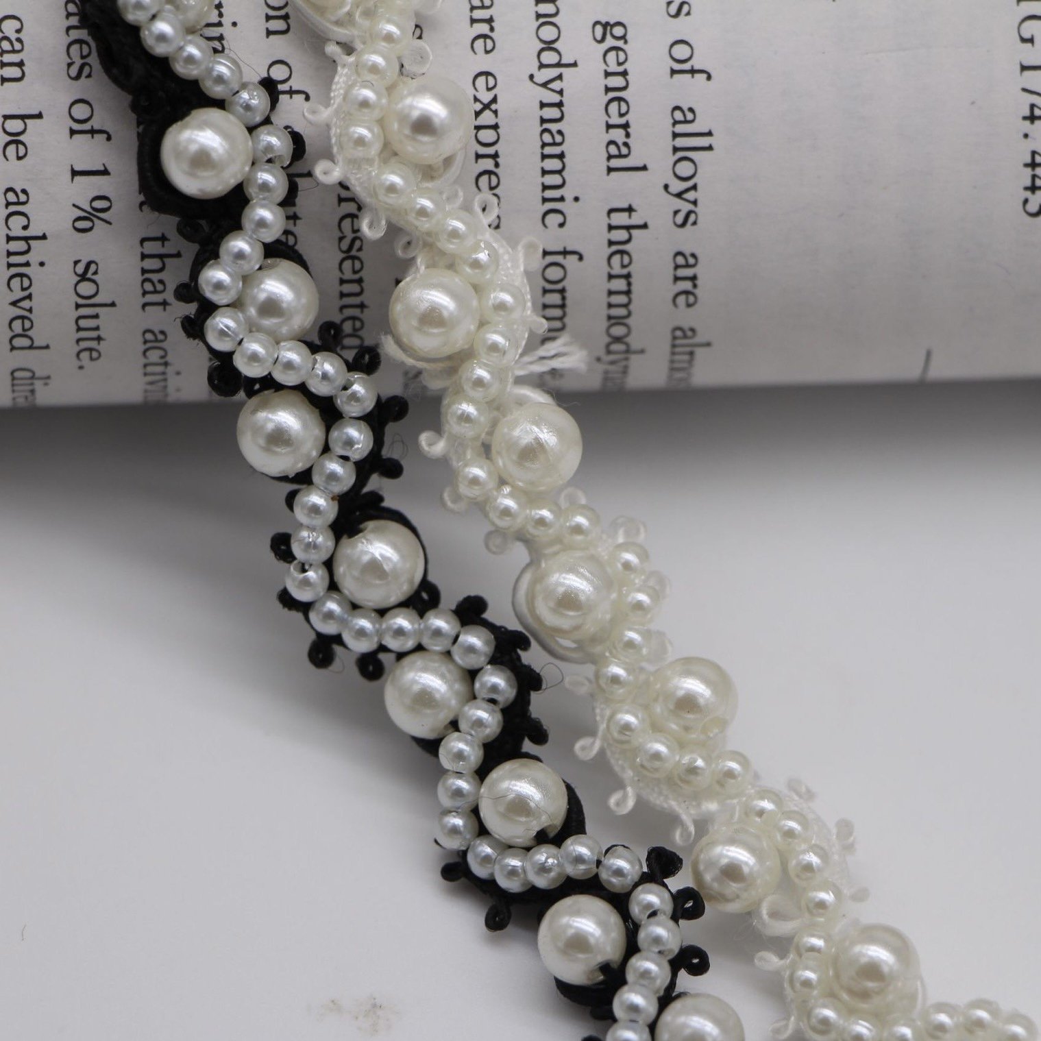 wholesale 1cm black white Handmade bead lace trims scolopendra pearl lace coat cuff Decoration DIY beaded webbing accessories