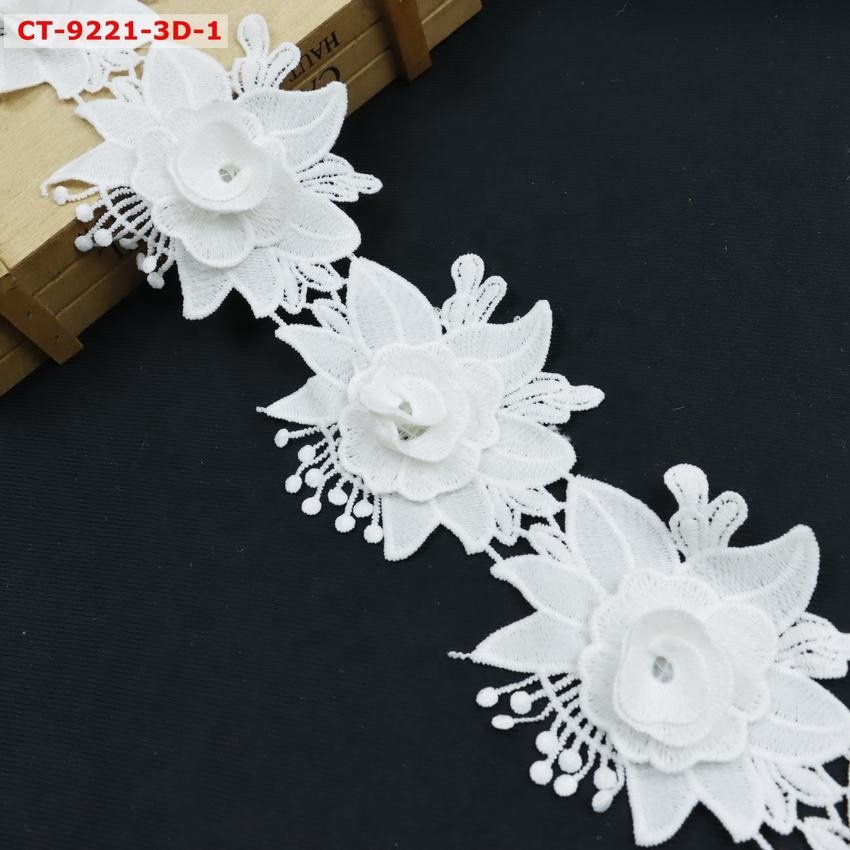 100% Polyester Guipure Lace Trim Beads Sustainable Water Soluble White 3D Flowers Embroidery Lace Trim for Clothes Accessory
