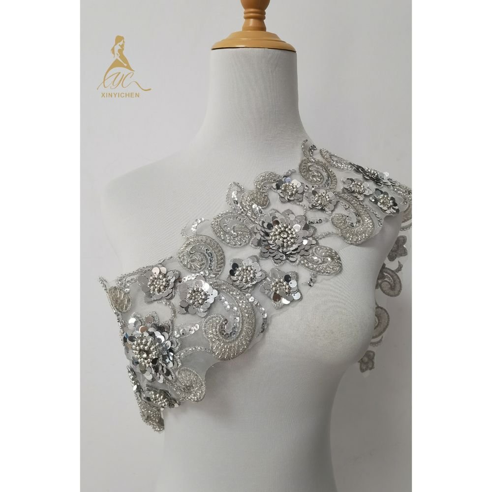 Handmade 3D Flower Sequin lace fabric for wedding dress trim