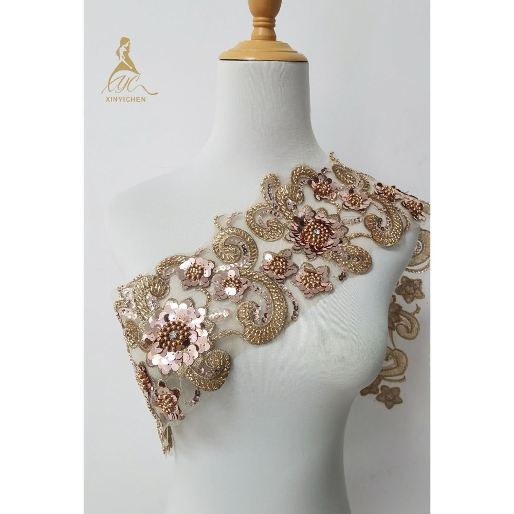 Handmade 3D Flower Sequin lace fabric for wedding dress trim