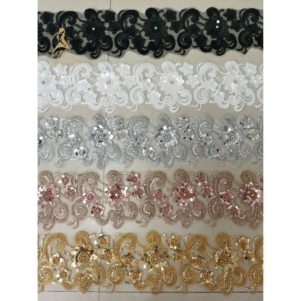 Handmade 3D Flower Sequin lace fabric for wedding dress trim