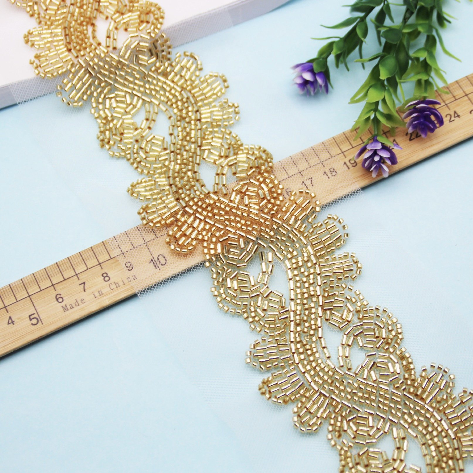 Selling luxury Gold Beaded Lace Trim Embroidered Bridal Fabric with Gold Mesh for Dresses Sexy Party Styles Sustainable Features