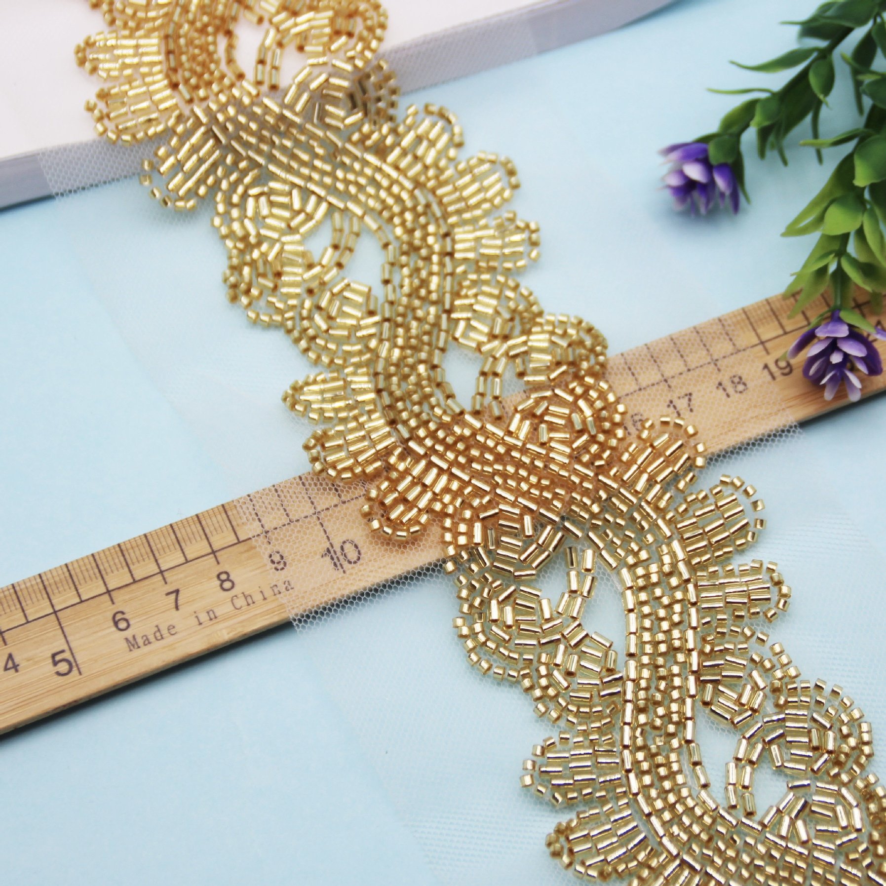 Selling luxury Gold Beaded Lace Trim Embroidered Bridal Fabric with Gold Mesh for Dresses Sexy Party Styles Sustainable Features