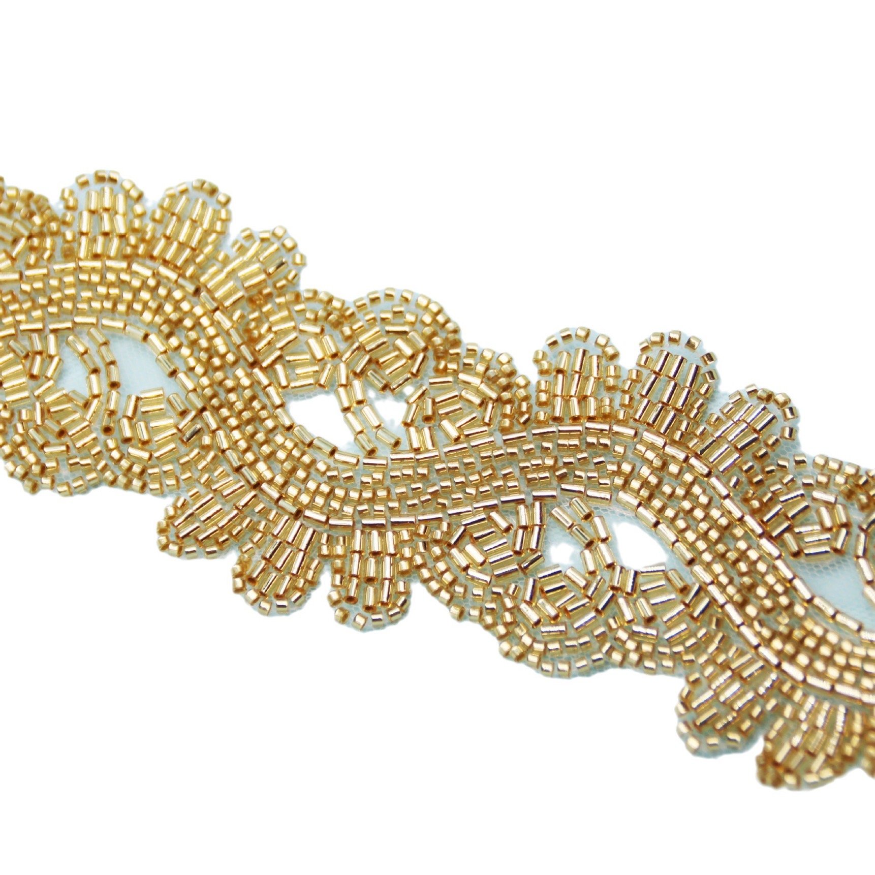 Selling luxury Gold Beaded Lace Trim Embroidered Bridal Fabric with Gold Mesh for Dresses Sexy Party Styles Sustainable Features