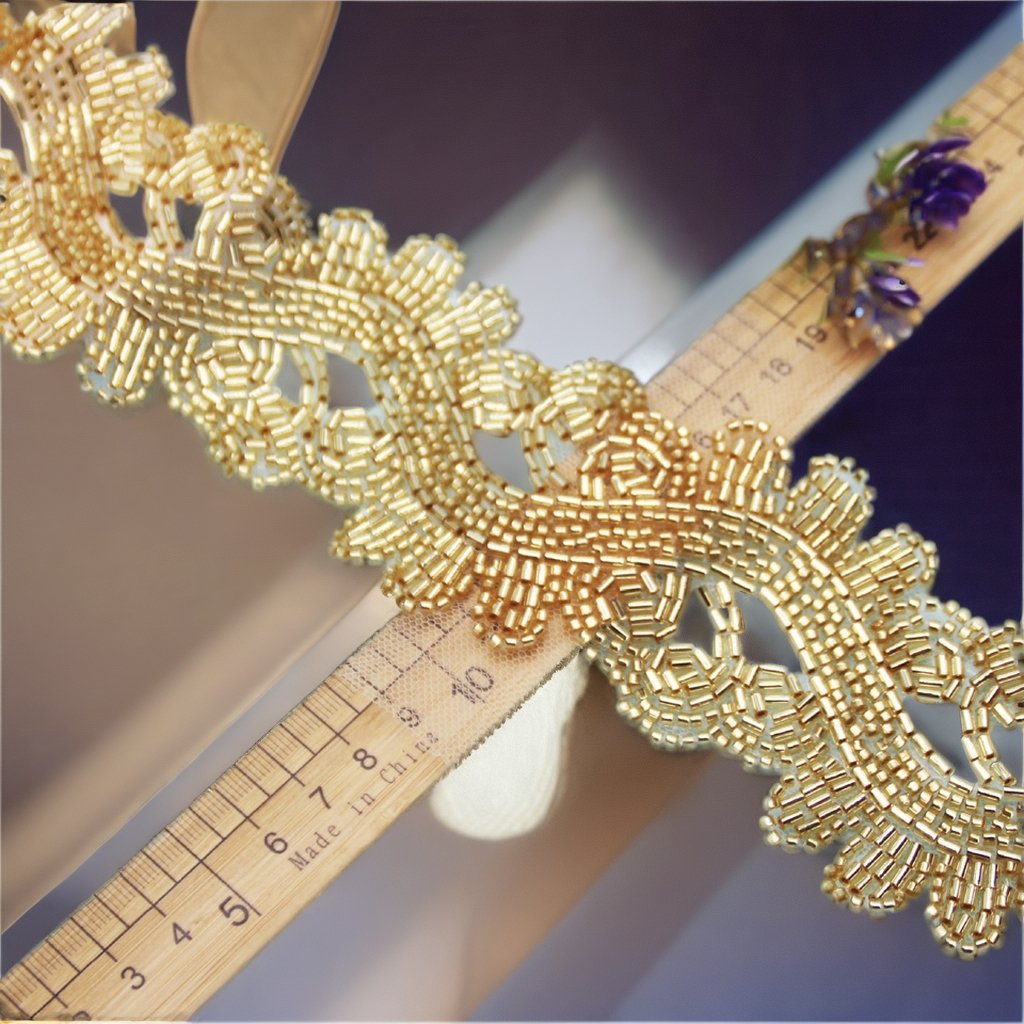 Selling luxury Gold Beaded Lace Trim Embroidered Bridal Fabric with Gold Mesh for Dresses Sexy Party Styles Sustainable Features