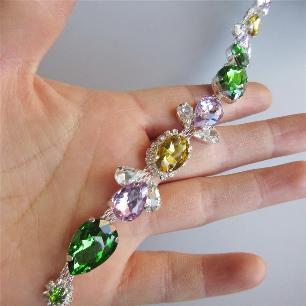 DIY Bags Shoes Garment Collar Accessories 2cm Width Mix Color Rhinestone Glass Crystal Chain Drop Bridal Metal Trim Applique