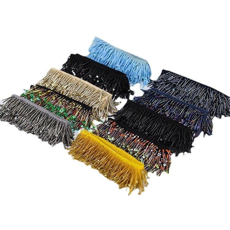 Custom Crystal Beaded Lace Fringe Trim Handmade Sequin Beads Tassel Fringe Lace Clothing Accessories