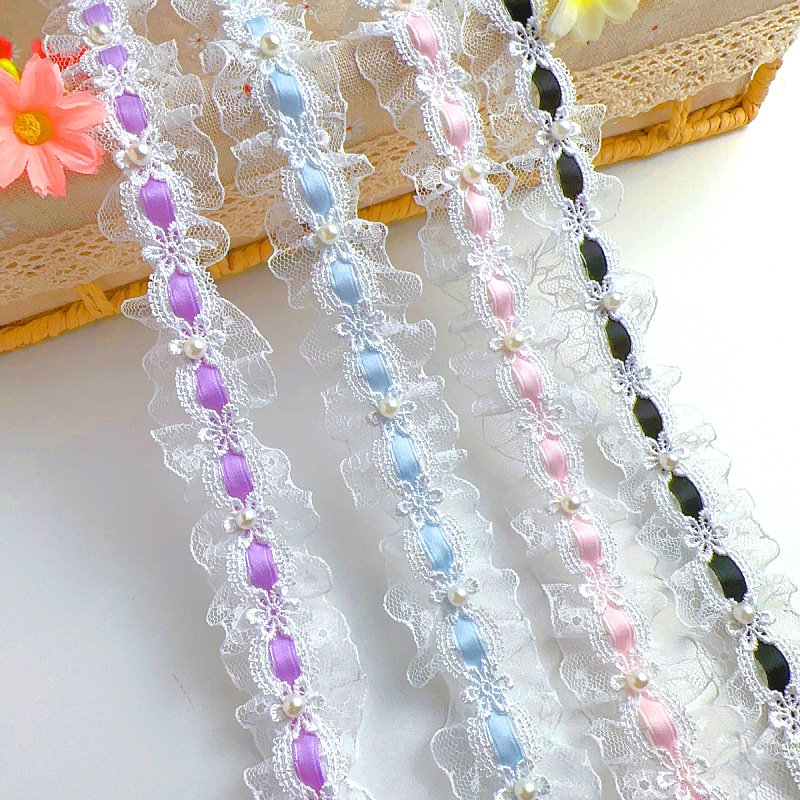 width 4 cm Polyester mesh frill lace Ribbon Exquisite 3 d handmade beaded pearl lace trim for kids wedding dress
