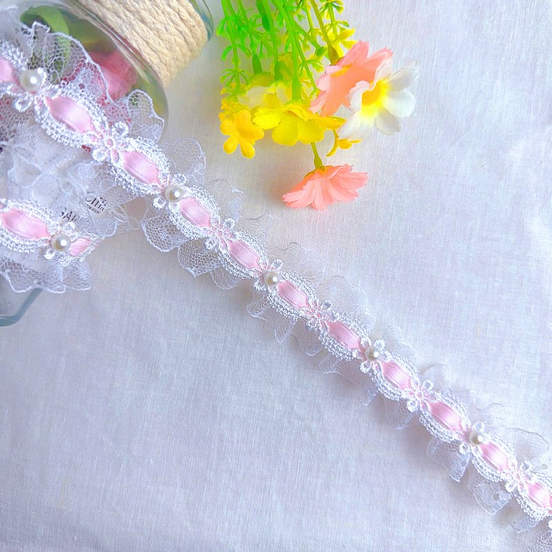 width 4 cm Polyester mesh frill lace Ribbon Exquisite 3 d handmade beaded pearl lace trim for kids wedding dress