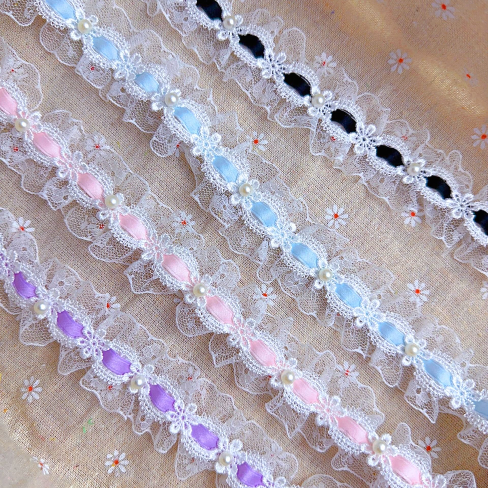 width 4 cm Polyester mesh frill lace Ribbon Exquisite 3 d handmade beaded pearl lace trim for kids wedding dress