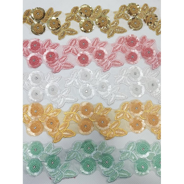 Multicolor Embroidered Polyester Lace Trim Rhinestone Beaded Trimming Bead Floral Lace Trimmings
