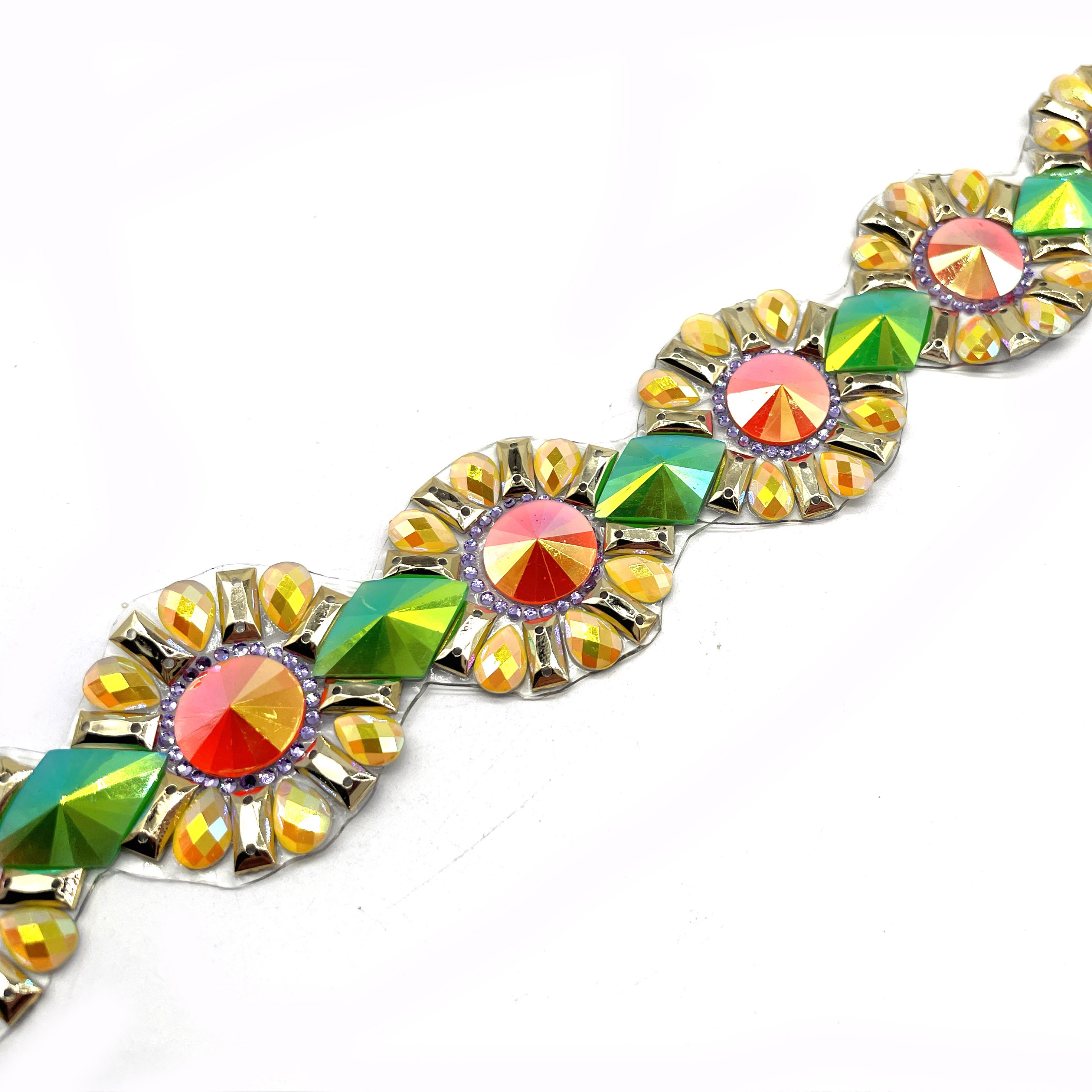 Wholesale AB Rhinestone Green Orange Yellow Trim Ribbon Lace Brim Resin Metal Made Fancy Lace Wrap Shoes Garments Bags Dresses