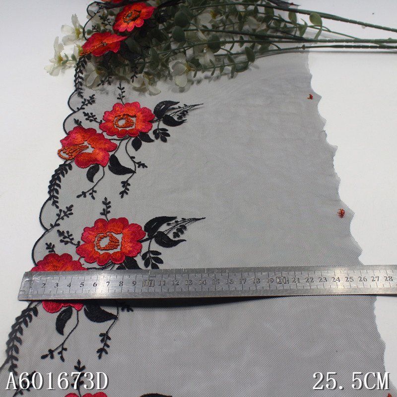 Latest OEM 3D Embroidery Net Lace 25CM Coloful Flower Tulle Lace Trim Black Pink Mesh Lace Fabrics For Dress Garment Party