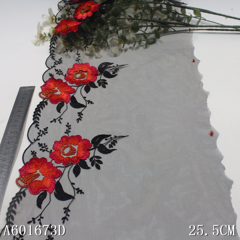 Latest OEM 3D Embroidery Net Lace 25CM Coloful Flower Tulle Lace Trim Black Pink Mesh Lace Fabrics For Dress Garment Party