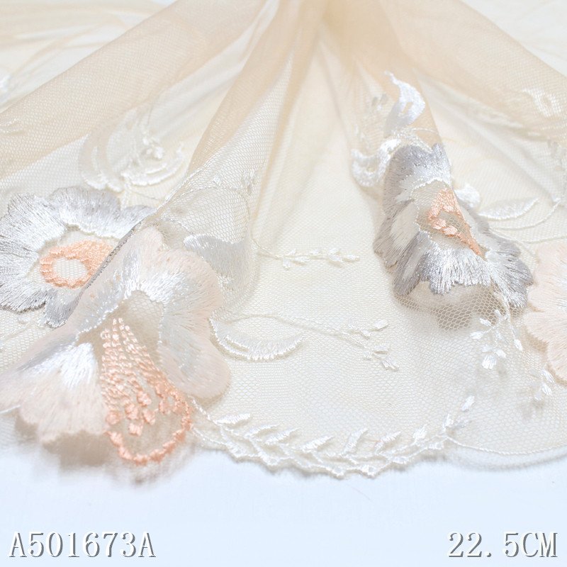 Latest OEM 3D Embroidery Net Lace 25CM Coloful Flower Tulle Lace Trim Black Pink Mesh Lace Fabrics For Dress Garment Party