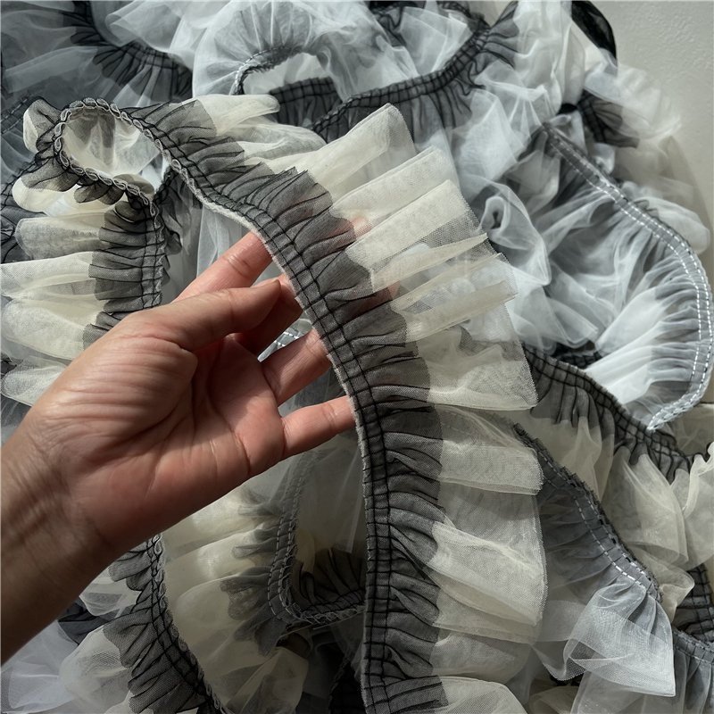 8CM Wide Apricot White Tulle Fabric Ribbon Frills Golden Black Polka Dots Needlework Lace Fringe Ruffles Trim For decorate Dress