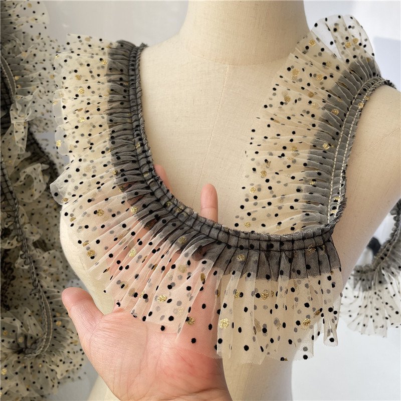 8CM Wide Apricot White Tulle Fabric Ribbon Frills Golden Black Polka Dots Needlework Lace Fringe Ruffles Trim For decorate Dress