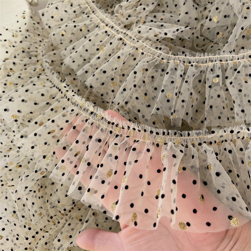 8CM Wide Apricot White Tulle Fabric Ribbon Frills Golden Black Polka Dots Needlework Lace Fringe Ruffles Trim For decorate Dress