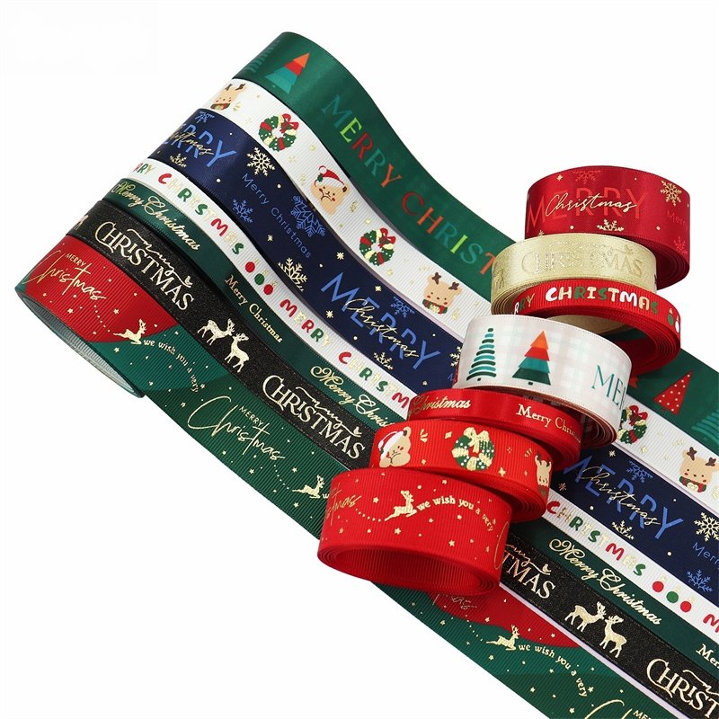 Wholesale Christmas Ribbon For Christmas Tree Grosgrain Satin Ribbon Red Gold Elk Printed Webbing DIY For Packaging Xmas Box
