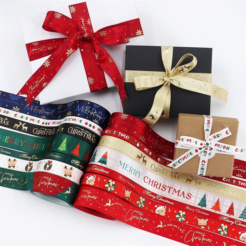 Wholesale Christmas Ribbon For Christmas Tree Grosgrain Satin Ribbon Red Gold Elk Printed Webbing DIY For Packaging Xmas Box