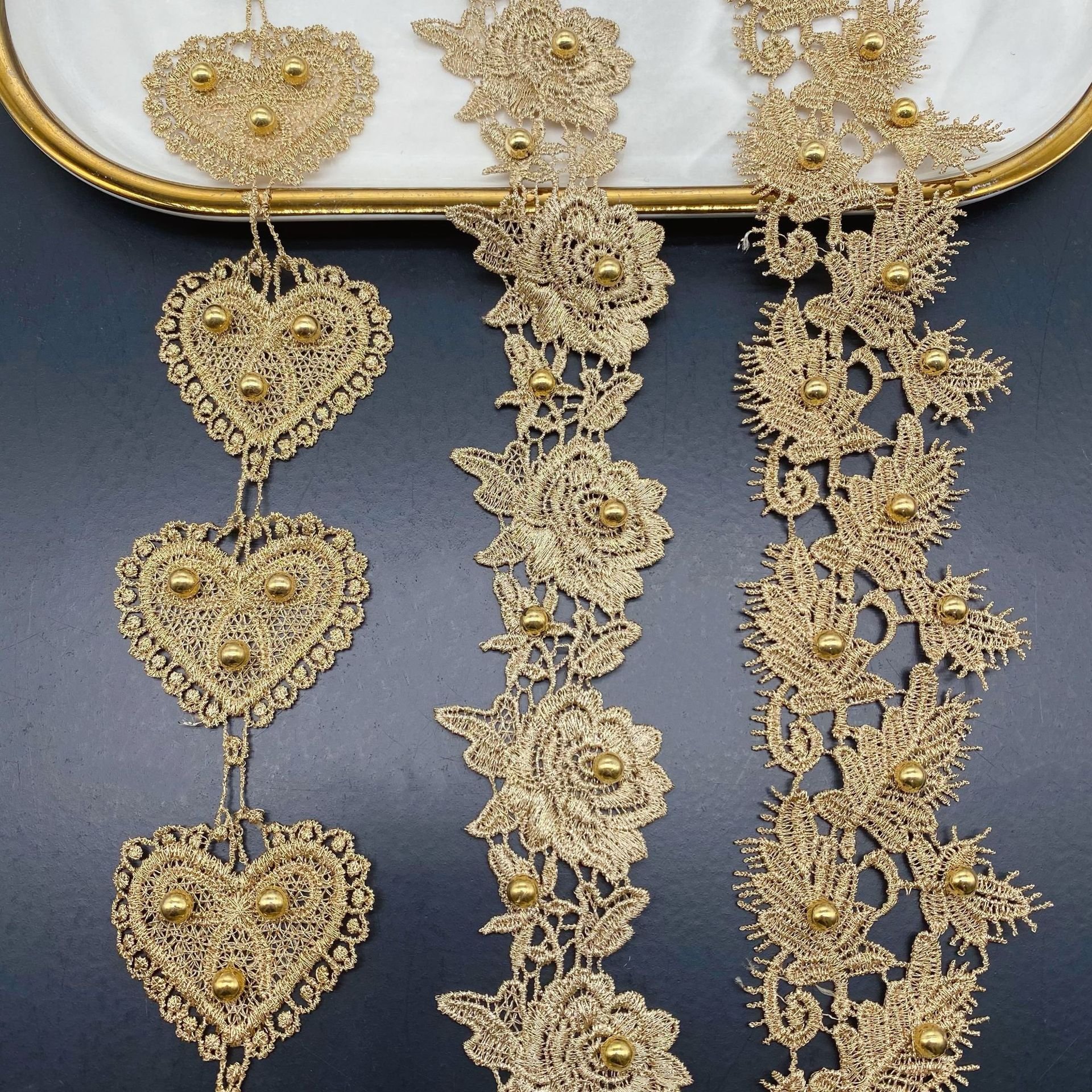 Most popular fashion white fringe 3D lace trim polyester Rhinestone gold beaded lace trim border For Tablecloth Curtain