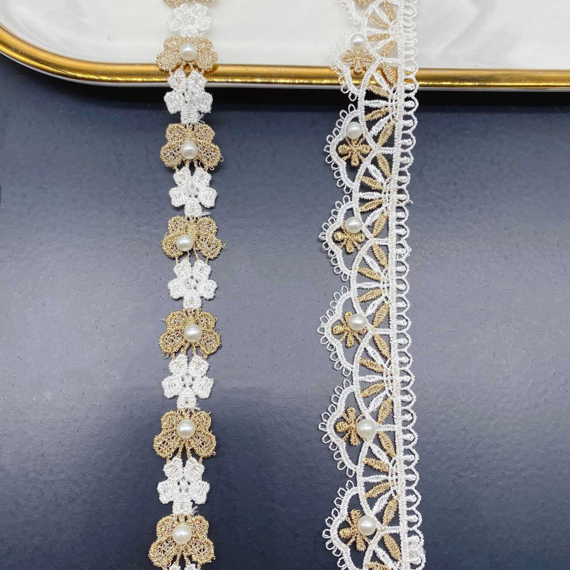 Most popular fashion white fringe 3D lace trim polyester Rhinestone gold beaded lace trim border For Tablecloth Curtain