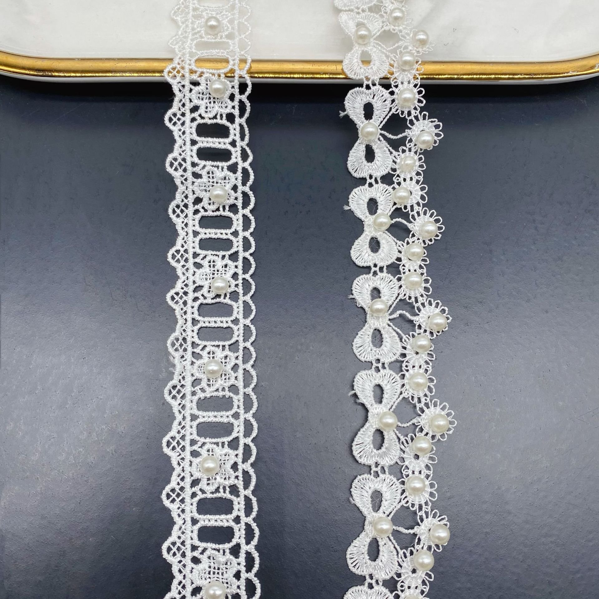Most popular fashion white fringe 3D lace trim polyester Rhinestone gold beaded lace trim border For Tablecloth Curtain