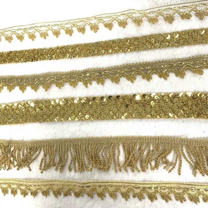 New fashion shiny woven embroidery gold thread border lace trim with sequin for garment accessory