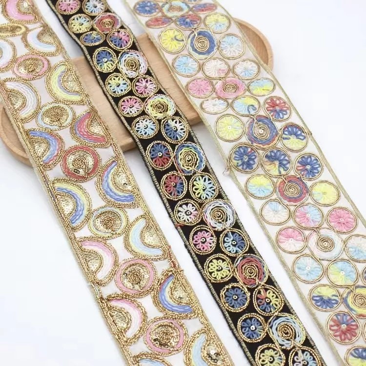 New fashion shiny woven embroidery gold thread border lace trim with sequin for garment accessory