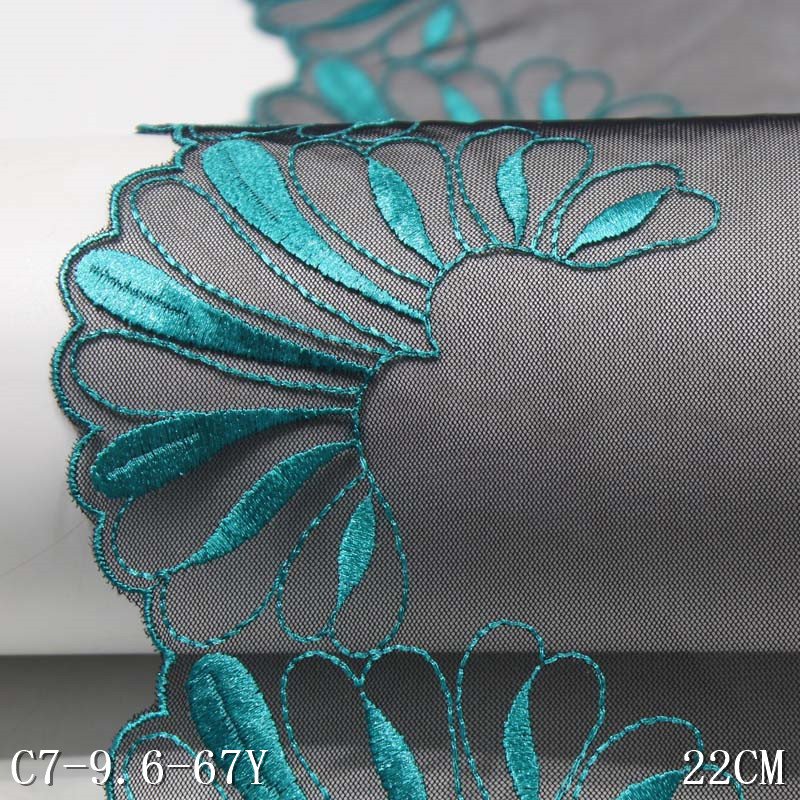 Delicate 21CM Green Black Tulle Fancy Flower Embroidery Lace Fabric Polyester Nylon Embroidered Lace Trim