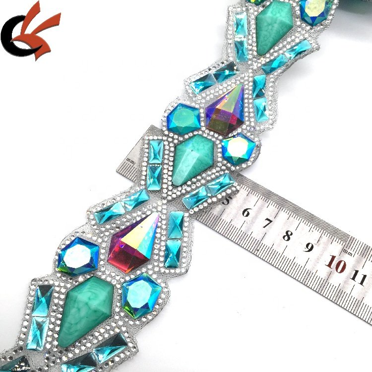 Iron on beaded appliques heat transfer trims glitter disposable carnival hotfix diamond rhinestone crystal acid blue trims