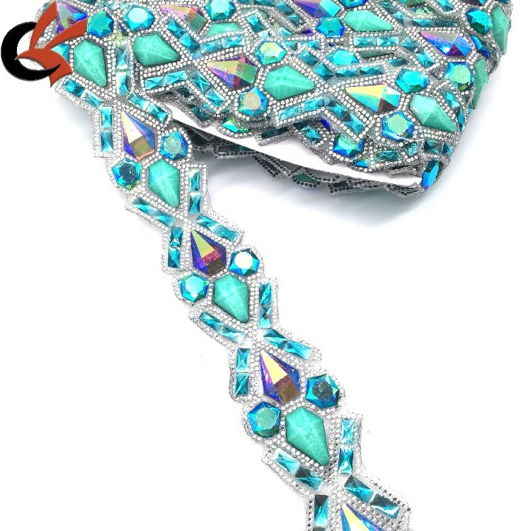 Iron on beaded appliques heat transfer trims glitter disposable carnival hotfix diamond rhinestone crystal acid blue trims