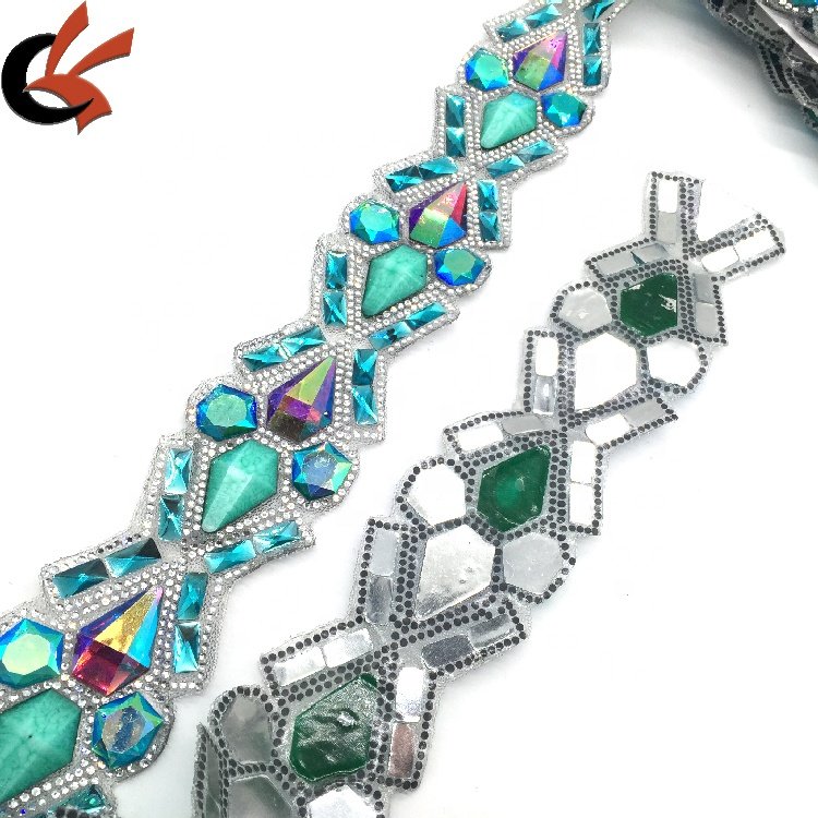 Iron on beaded appliques heat transfer trims glitter disposable carnival hotfix diamond rhinestone crystal acid blue trims