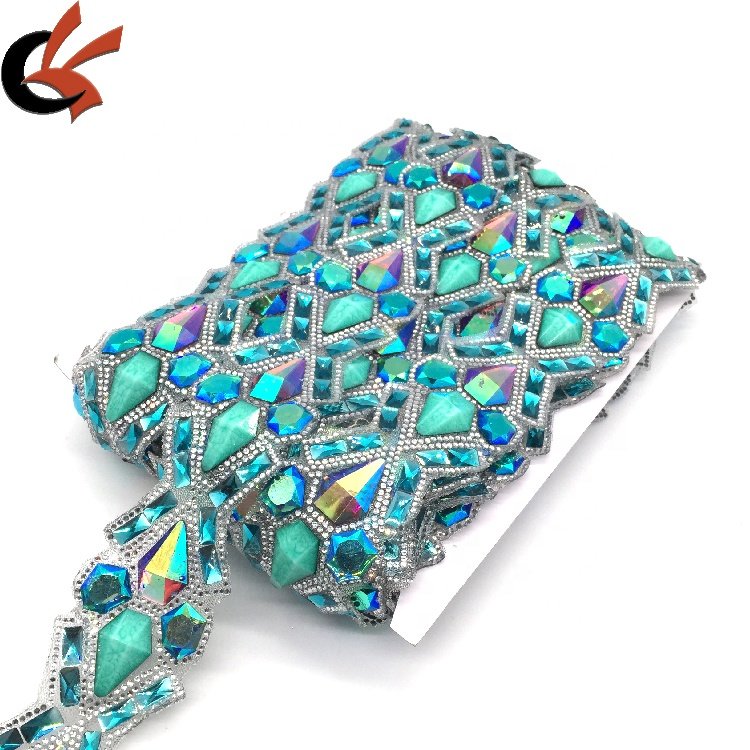 Iron on beaded appliques heat transfer trims glitter disposable carnival hotfix diamond rhinestone crystal acid blue trims
