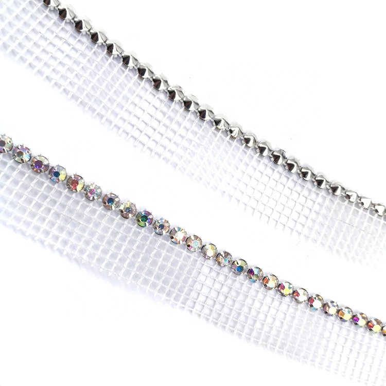 Custom One-Row AB Clear Rhinestone Fabric Trimming High Quality Banding Pointback Rhinestone Net Trim for Clothing