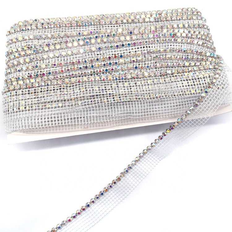 Custom One-Row AB Clear Rhinestone Fabric Trimming High Quality Banding Pointback Rhinestone Net Trim for Clothing