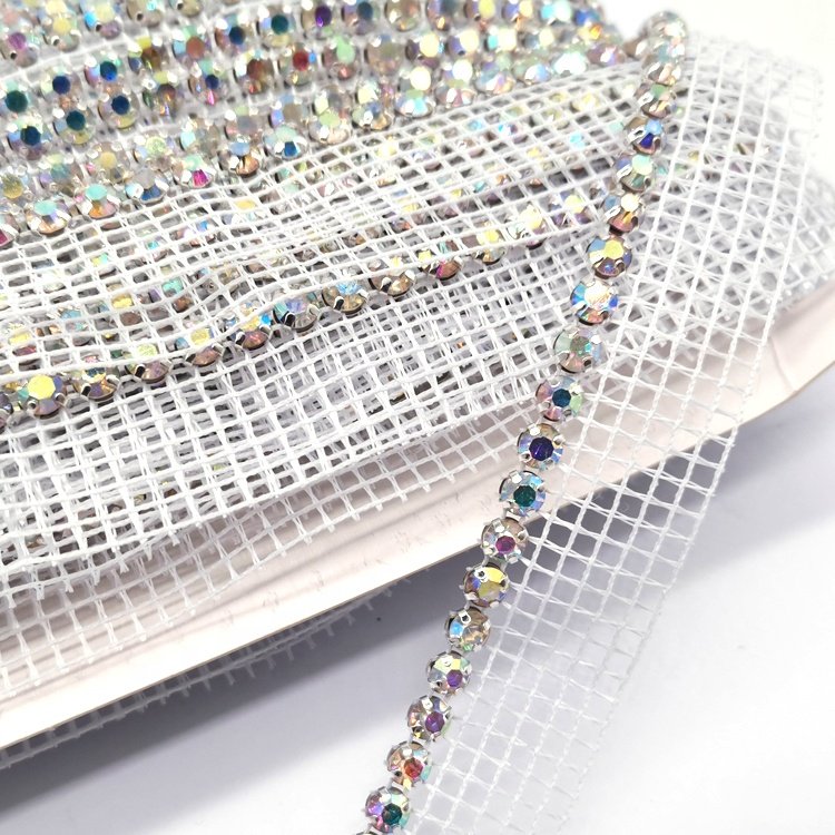 Custom One-Row AB Clear Rhinestone Fabric Trimming High Quality Banding Pointback Rhinestone Net Trim for Clothing
