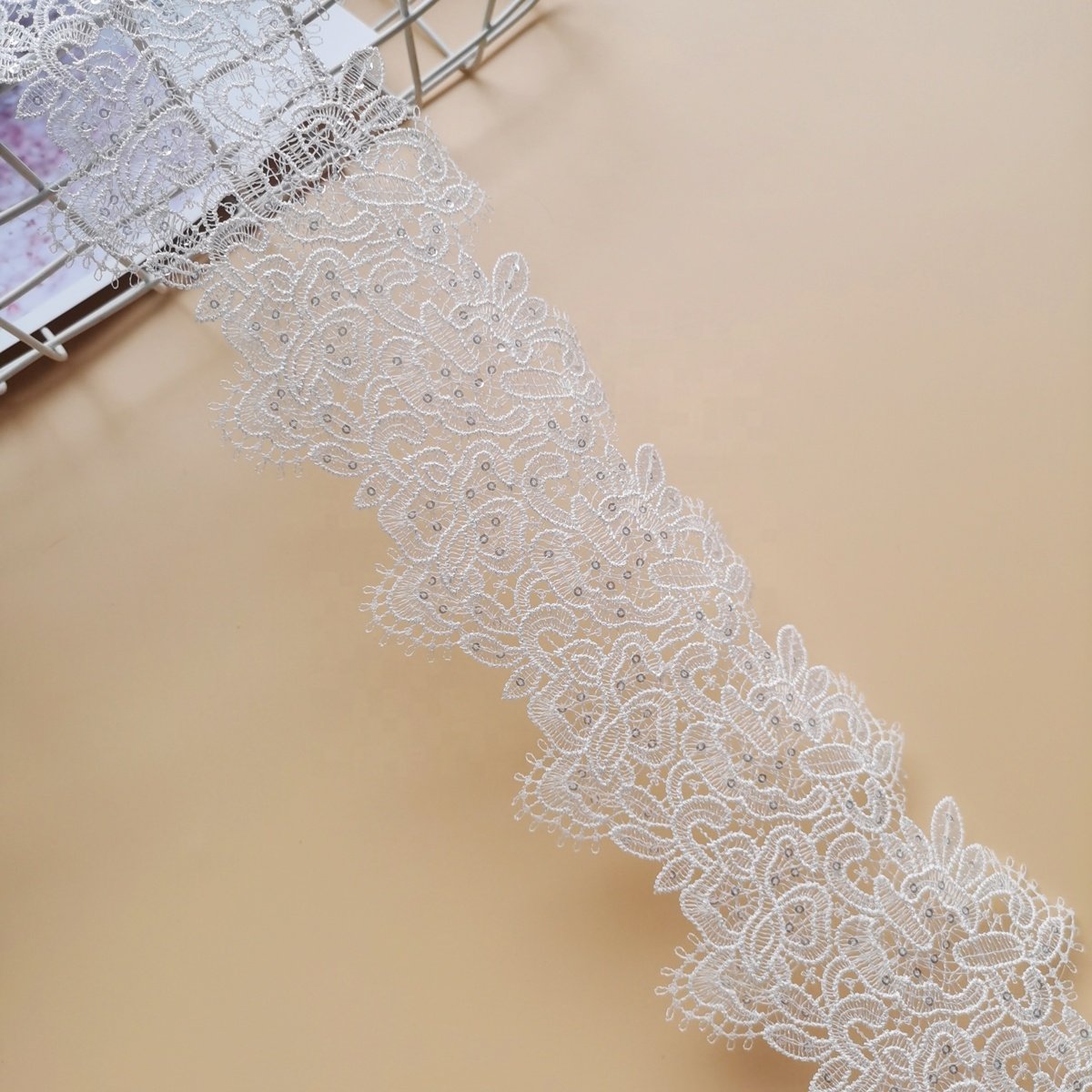 New White Polyester Sequin Embroidery Lace Trim 9.5cm Wide Double Wavy Eyelash Trimming Lace For Dress