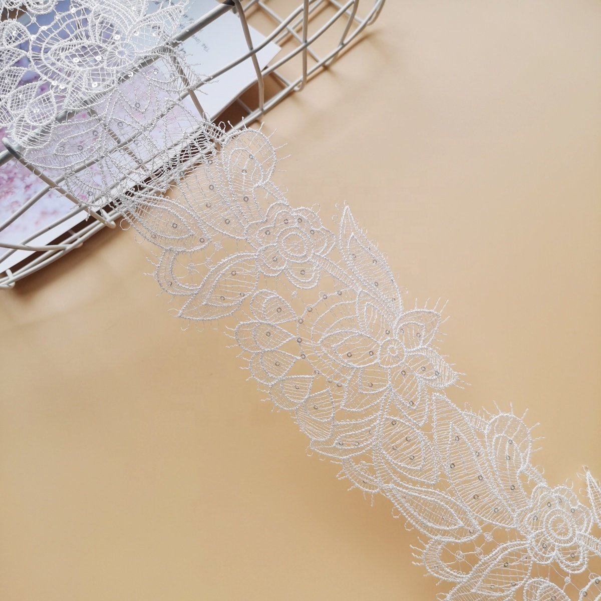 New White Polyester Sequin Embroidery Lace Trim 9.5cm Wide Double Wavy Eyelash Trimming Lace For Dress