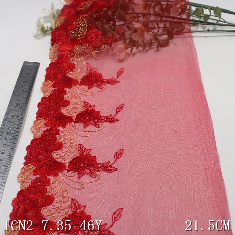 High quality 22cm wide Beautiful Flower Embroidery Lace Mesh Fabric Bra Lace Black red Voile Lace Trim for Lingerie wholesale