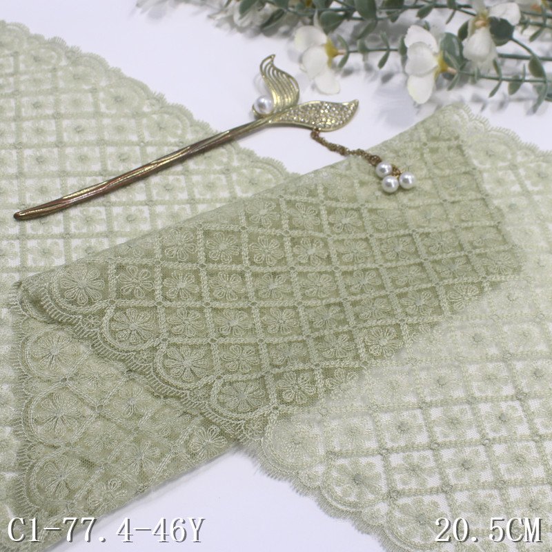 2024 20cm Flower Embroidery Lace Trim light green Tulle Mesh Fabric for women wholesale