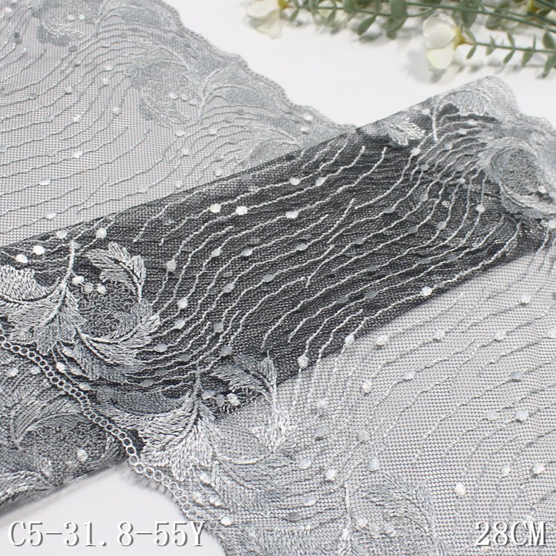 Wholesale 28cm leaves Embroidery Lace Trim Soft black Mesh Tulle Lace fabric for ladies dress lingerie underwear