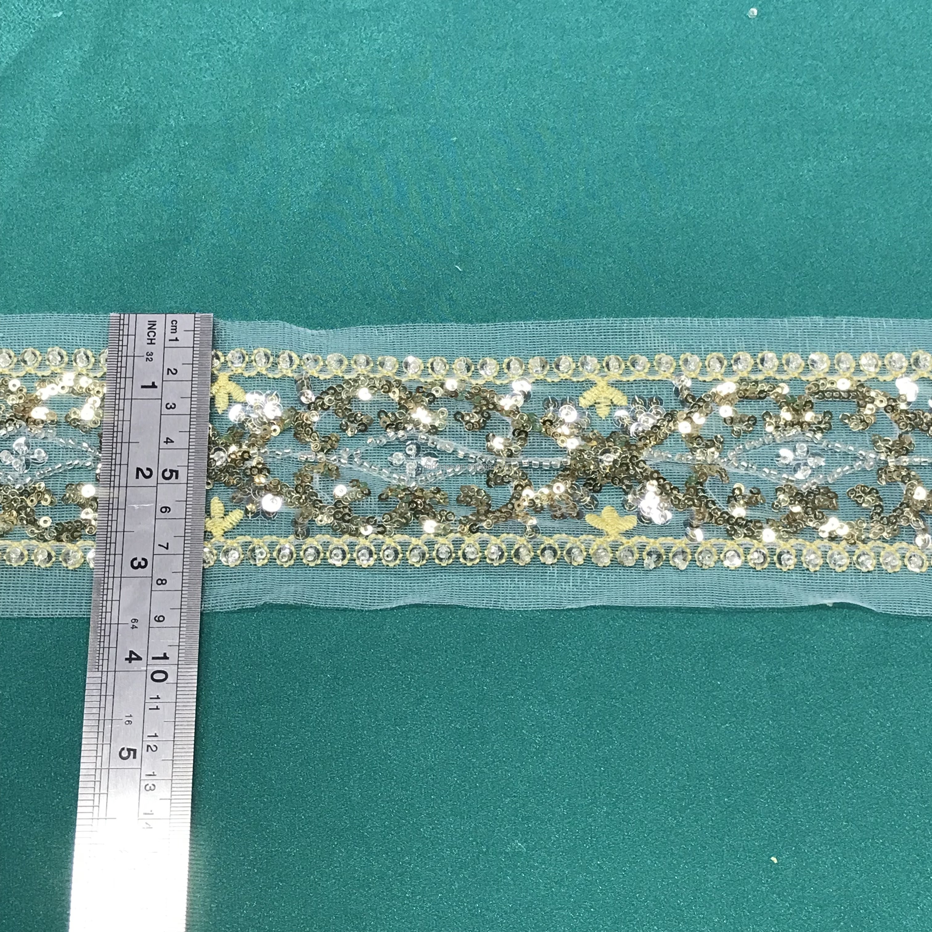 Fancy elegant lace fabric China factory wholesale trim tulle embroidery multicolor sprkling sequin beaded trimming lace fabric